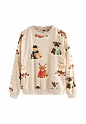 Jasno beżowy sweatshirt z rysunkowymi zwierzętami w zimowych ubraniach, z teksturowanej tkaniny i prążkowanymi mankietami. Kolorowe ilustracje przedstawiają krowy i renifery.