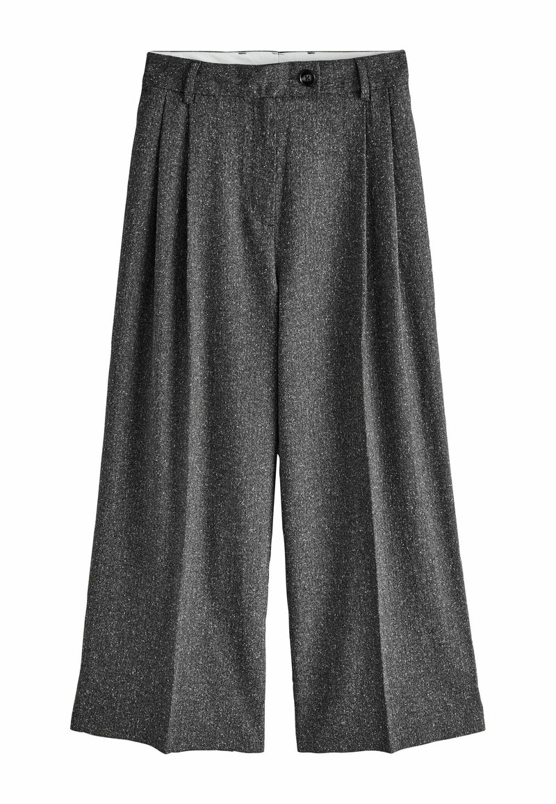 Grijze wijde broek gemaakt van gestructureerde stof, met voorplooien, een knoopsluiting en een gladde binnenvoering.