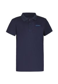 Polo de color azul marino hecho de una tela suave, que cuenta con un cuello, una tapeta de tres botones y un pequeño logo azul en el lado izquierdo.