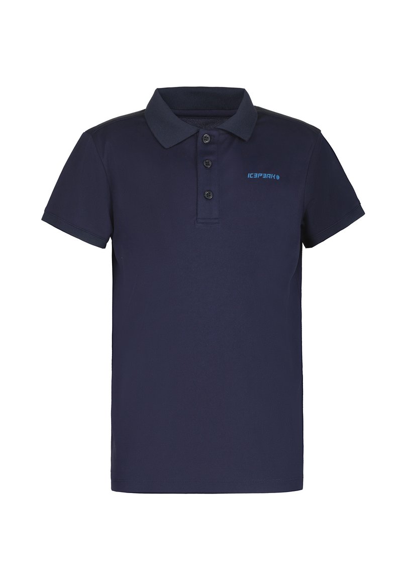 Polo de color azul marino hecho de una tela suave, que cuenta con un cuello, una tapeta de tres botones y un pequeño logo azul en el lado izquierdo.