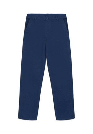 Pantaloni blu navy a gamba dritta con passanti per cintura, bottone frontale, chiusura con cerniera e tasche laterali su sfondo bianco.