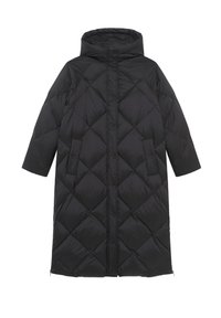 Schwarze Pufferjacke mit Kapuze, die ein Rautenmuster hat, Druckknöpfe und zwei seitliche Taschen bietet. Lange, gerade Silhouette mit kurzen Ärmeln.