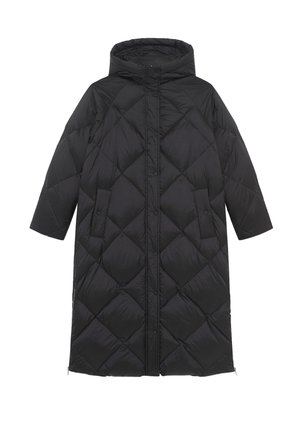 Schwarze Pufferjacke mit Kapuze, die ein Rautenmuster hat, Druckknöpfe und zwei seitliche Taschen bietet. Lange, gerade Silhouette mit kurzen Ärmeln.