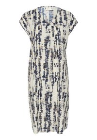 Robe à manches courtes, longueur au genou, en tissu crème avec un motif abstrait bleu et olive, dotée d'un col en V et d'une coupe décontractée.