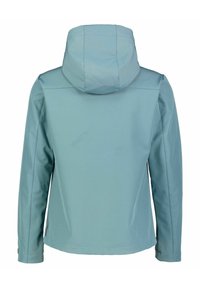 Light blue waterproof jacket with a hood, featuring a smooth texture, long sleeves, and a simple, clean design.