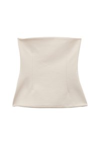 Vaaleanbeige bodysuit, jossa on sileä ja joustava kangas. Ominaisuuksiin kuuluu tiukka muotoilu ja siistit linjat, kahdella pystysaumalla rakenteen tukemiseksi.
