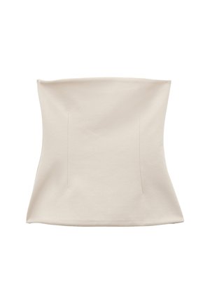 Vaaleanbeige bodysuit, jossa on sileä ja joustava kangas. Ominaisuuksiin kuuluu tiukka muotoilu ja siistit linjat, kahdella pystysaumalla rakenteen tukemiseksi.
