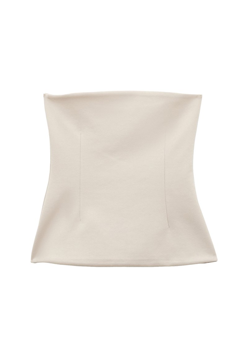 Vaaleanbeige bodysuit, jossa on sileä ja joustava kangas. Ominaisuuksiin kuuluu tiukka muotoilu ja siistit linjat, kahdella pystysaumalla rakenteen tukemiseksi.