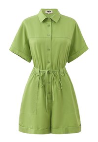 Groene jumpsuit met korte mouwen van lichtgewichtig stof. Voorzien van een knoopsluiting aan de voorkant, een elastische taille met trekkoord en twee zijzakken.