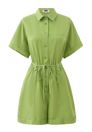 Grüner Kurzarm-Overall aus leichtem Stoff. Verfügt über eine knöpfbare Vorderseite, einen elastischen Bund mit Kordelzug und zwei Fronttaschen.