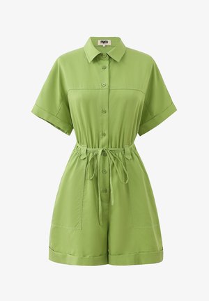 Groene jumpsuit met korte mouwen van lichtgewichtig stof. Voorzien van een knoopsluiting aan de voorkant, een elastische taille met trekkoord en twee zijzakken.