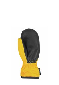 Handschuh mit einer schwarzen Leder-Handfläche und einem gelben Stoff-Außenmaterial. Verfügt über einen elastischen Bund mit sichtbaren Nähten und einem Markentag am Handgelenk.
