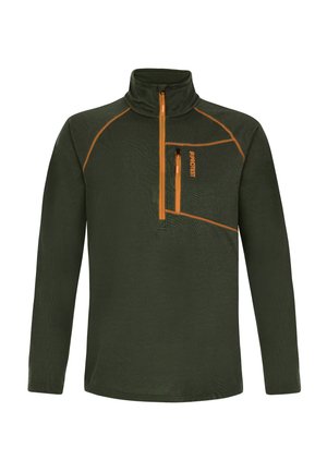Groene fleece trui met een hoge kraag, oranje accenten en een ritszak op de borst. Heeft een gestructureerd oppervlak en lange mouwen.