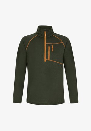 Groene fleece trui met een hoge kraag, oranje accenten en een ritszak op de borst. Heeft een gestructureerd oppervlak en lange mouwen.