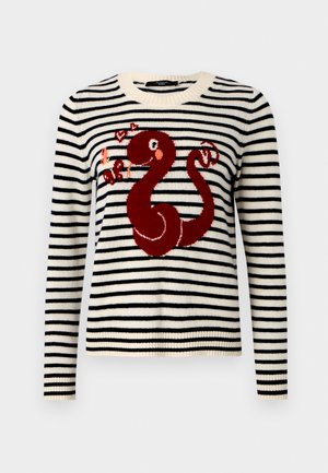 Knitted sweater with horizontal black and ivory stripes, featuring a red snake design with hearts. Round neckline and ribbed cuffs.