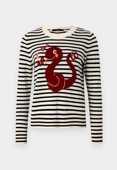 Knitted sweater with horizontal black and ivory stripes, featuring a red snake design with hearts. Round neckline and ribbed cuffs.