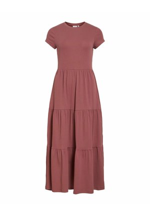 Vestido midi en tono malva con volantes, mangas cortas, corpiño ajustado y escote redondo, con tres paneles de falda fruncidos.