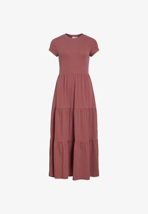 Robe midi mauve à volants avec manches courtes, corsage ajusté et encolure ronde, comprenant trois panneaux de jupe froncés.