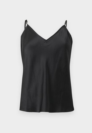 Haut caraco en satin noir avec bretelles fines réglables et encolure en V, présenté sur un fond gris clair.