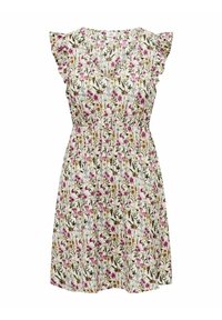 Blommönstrad klänning med korta volangärmar, v-ringning och resår i midjan. Färgerna inkluderar vitt, rosa, lila och grönt.