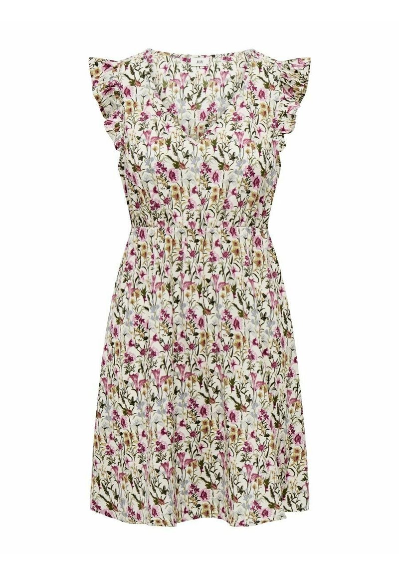 Blommönstrad klänning med korta volangärmar, v-ringning och resår i midjan. Färgerna inkluderar vitt, rosa, lila och grönt.