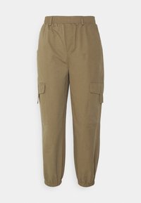 Khaki cargo kalhoty s elastickým pasem, zúženými manžetami a dvěma bočními kapsami, vyrobené z lehkého bavlněného materiálu.