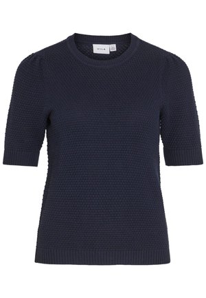 Merensininen lyhythihainen neulepaita, jossa on teksturoitu kuvio, pyöreä pääntie sekä resorit hihansuissa ja helmassa.