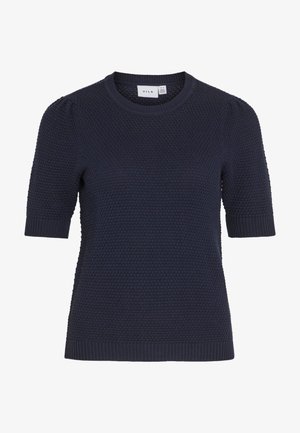 Merensininen lyhythihainen neulepaita, jossa on teksturoitu kuvio, pyöreä pääntie sekä resorit hihansuissa ja helmassa.