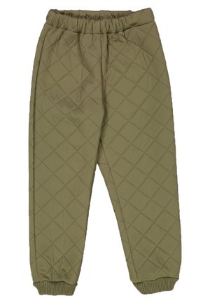 Gewatteerde olijfgroene broek met elastische tailleband en geribbelde boorden, voorzien van een ruitstikpatroon over de hele stof.