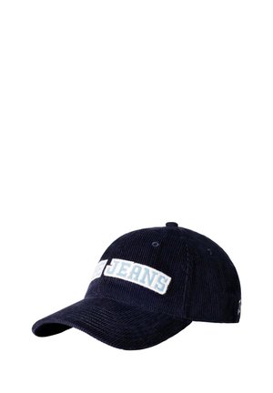 Dunkelblaues Cord-Baseballcap mit dem Wort "JEANS" in weißen und hellblauen Buchstaben auf dem Vorderteil.
