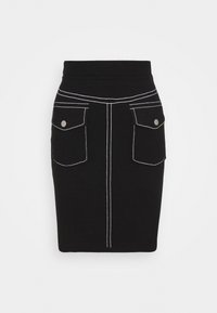 Schwarzer Bleistiftrock mit weißen Kontrastnähten, ausgestattet mit zwei Fronttaschen mit silbernen Beschlägen und einem dehnbarem Taillenbund.