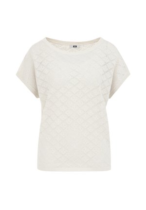 Light cream short-sleeve top with a diamond knit pattern, wide neckline, and soft texture. Casual design suitable for various occasions.