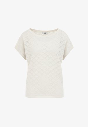 Világoskrém színű, rövid ujjú blúz, gyémánt kötésmintával, széles nyakkivágással és puha textúrával. Kényelmes fazon, különböző alkalmakra ideális.