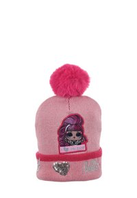 Pink knit beanie with a fluffy pom-pom, featuring a colorful character patch, sequined accents, and a contrasting red band at the brim.