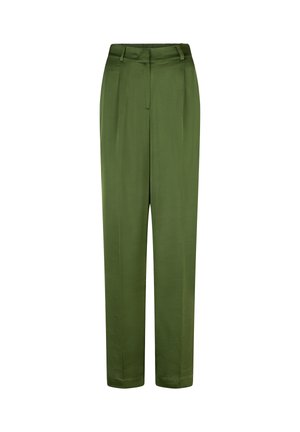 Green tailored trousers with a smooth texture, high waist, and pleated front design. Features straight legs and no visible embellishments.