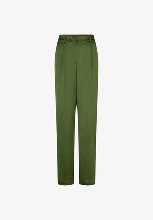 Groene, op maat gemaakte broek met een gladde textuur, hoge taille en geplooide voorkant. Heeft rechte pijpen en geen zichtbare versieringen.