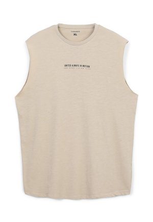 Beżowy bezrękawnik w luźnym kroju, wykonany z miękkiego materiału, z czarnym nadrukowanym napisem z przodu i okrągłym dekoltem.