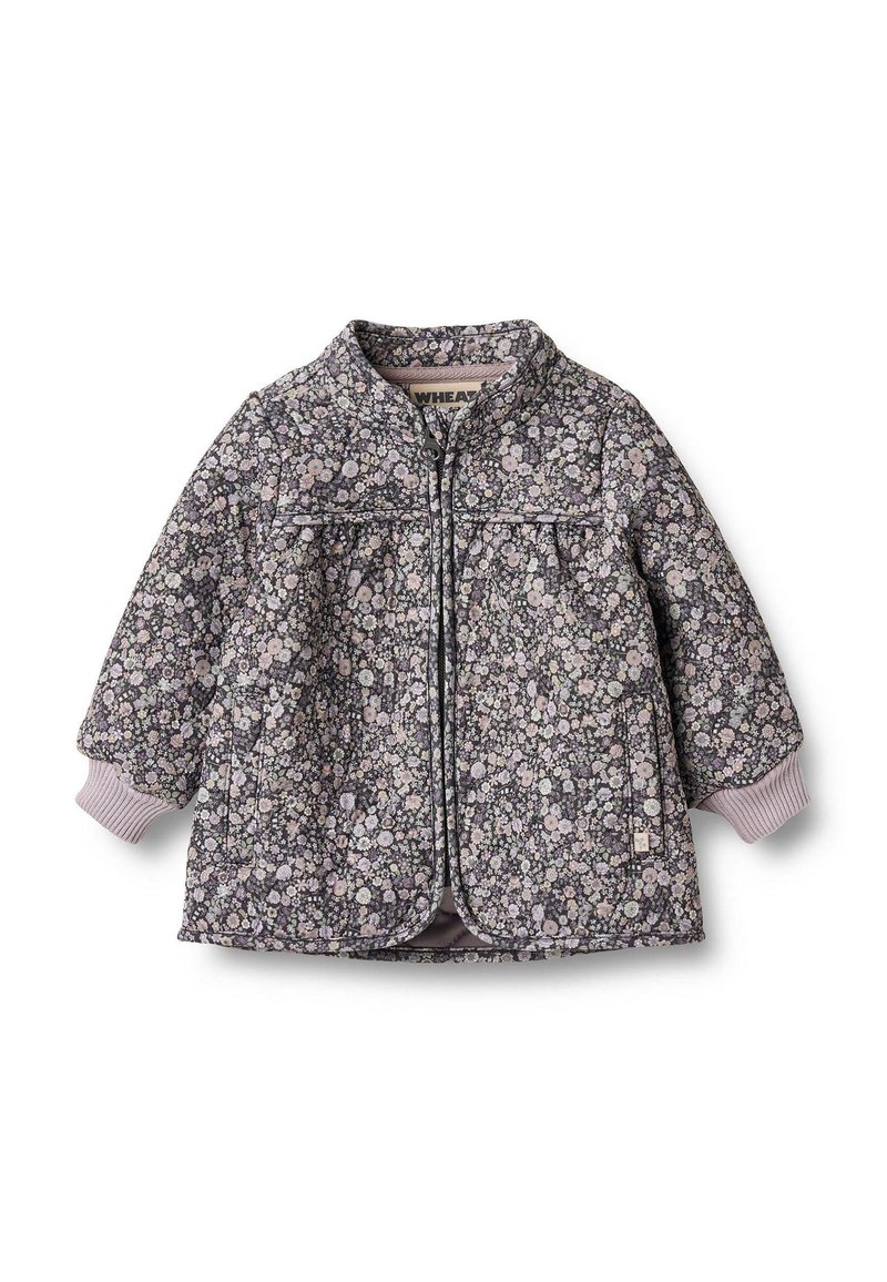 Siuvinėta striukė su gėlių raštu violetinės ir rožinės spalvų atspalviais. Turi užtrauktuką priekyje, ribotas rankogalius ir apvalų iškirpt�ę.