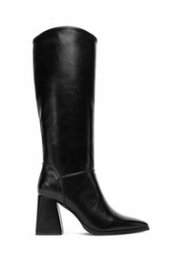 Stivale nero di pelle al ginocchio con punta appuntita e tacco a blocco, vista laterale su sfondo bianco.