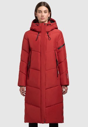 Red padded long coat with a hood, featuring zippered pockets, adjustable drawstrings, and vertical stitching patterns.