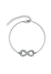 Braccialetto in argento con catena che presenta un simbolo dell'infinito impreziosito da cristalli trasparenti, superficie liscia e chiusura a moschettone per una chiusura sicura.