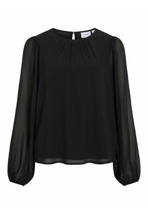 Zwarte blouse met een ronde hals, doorschijnende lange mouwen en een keyhole sluiting aan de achterkant. Zachte stof, plooidetails aan de voorkant.