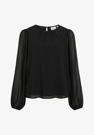 Czarna bluzka z okrągłym dekoltem, prześwitującymi długimi rękawami i zapięciem na plecach w kształcie łezki. Miękki materiał, zgromadzone detale z przodu.