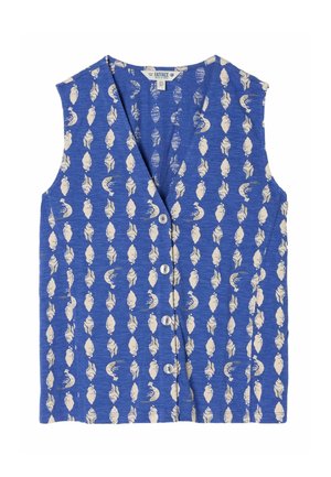 Blaue ärmellose Weste mit weißem Muschelmuster, V-Ausschnitt und Stoffetikett im Kragen innen.
