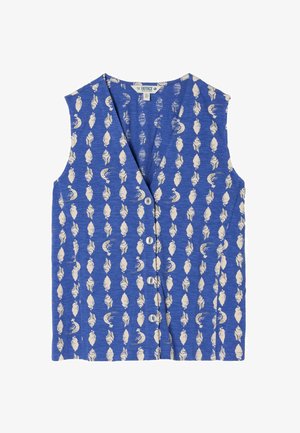 Blaue ärmellose Weste mit weißem Muschelmuster, V-Ausschnitt und Stoffetikett im Kragen innen.