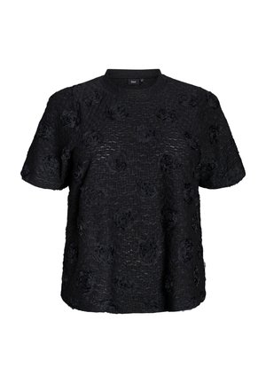 Black short-sleeve top with textured fabric featuring raised floral designs. Round neck, relaxed fit, and soft, lightweight material.