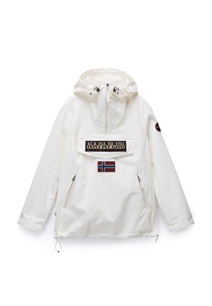 Witte anorakjas met een trekkoordcapuchon, een voorflapzak, geborduurd logo en Noorse vlagpatch; voorzien van zijzakken met rits.