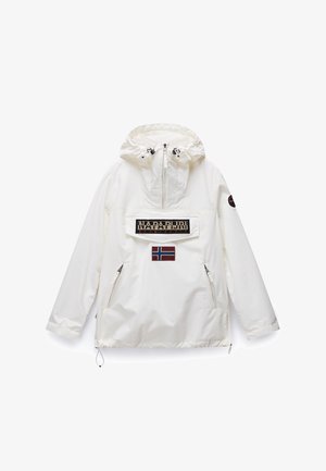 Valge anorak-jakk, millel on reguleeritav kapuuts, esitasku lipuga, broderitud logo ja Norra lipu patch; sisaldab lukuga küljetaskuid.