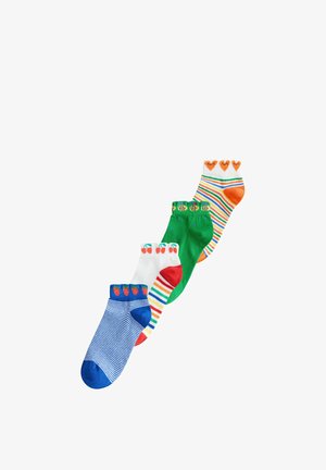 Četiri šarene gležnjače s motivima voća: plave s jagodama, bijele s trešnjama, zelene sa pčelama i bijele s narančastim srcima i prugama.