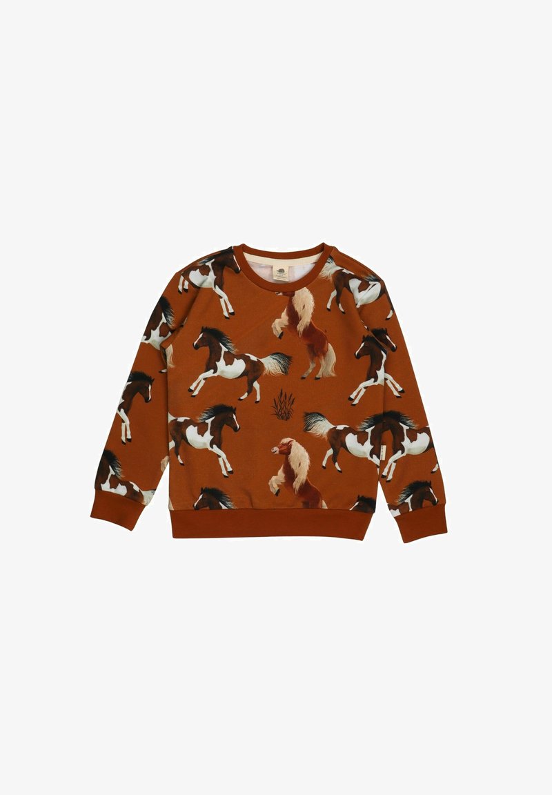 Brauner Sweatshirt mit einem wiederholten Muster aus verschiedenen farbigen Pferden. Rippbündchen und -kragen, weicher Stoff.